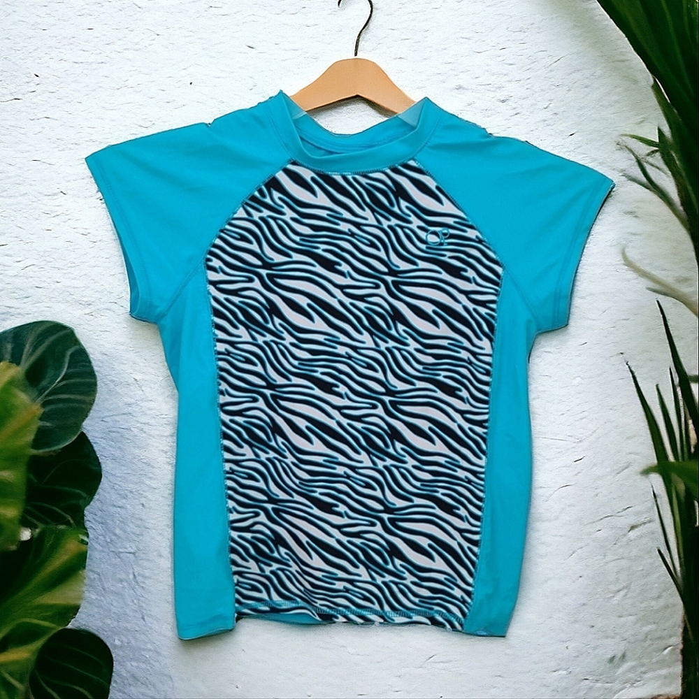 OP Girls Blue/Black/White Water Ripple Print Swim Shirt Size Large (10-12)